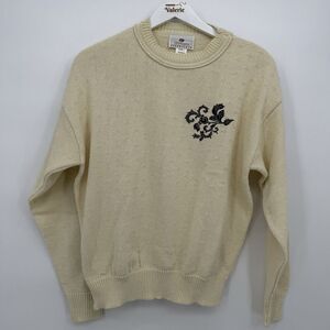 Worthington Essentials Vintage Cream Sweater Crewneck Embroidered Preppy Large